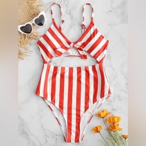Red Stripe Print Halter Tummy Control Lace up OnePiece Swimsuit NWT Size 4 or XS